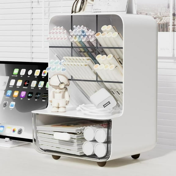 Maxfavor 1x White 7 Compartment Pencil Holder Desk Organizer with Pen Holder, Drawer