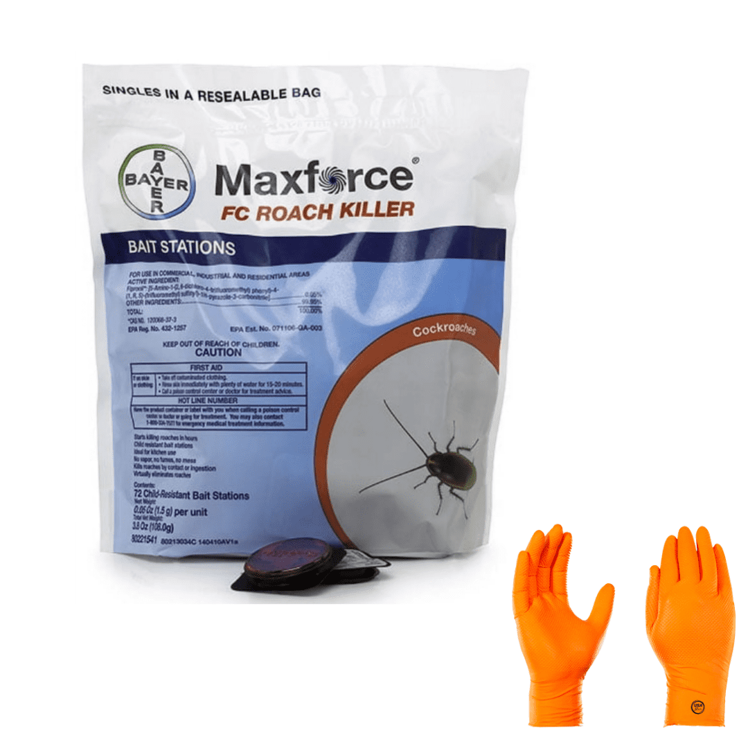 Maxforce FC Roach Bait Stations 72 Count | Premium USA Supply Gloves for Safe Eradication | USA Supply Pest ID Card