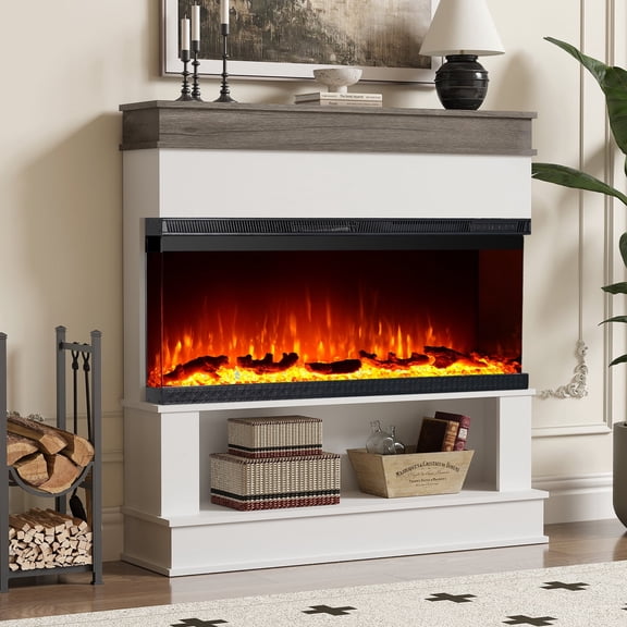 Maxhonor 3D Panoramic Flame Electric Fireplace with 750W/1500W Dual Power, Independent Flame, Storage Shelf, All-in-One Heater & Decor for Living Room
