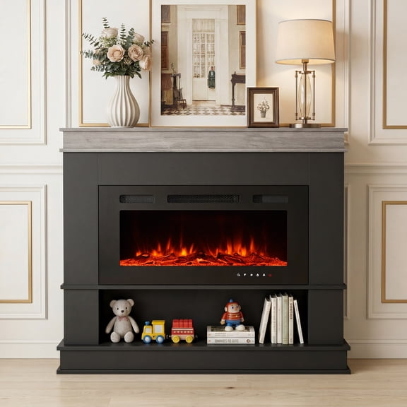 Maxhonor 60" insertElectric Fireplace with Mantel, 3D Dynamic Flame, 750W/1500W Dual Heating, Whisper-Quiet, Open Storage, Touch & Remote Control