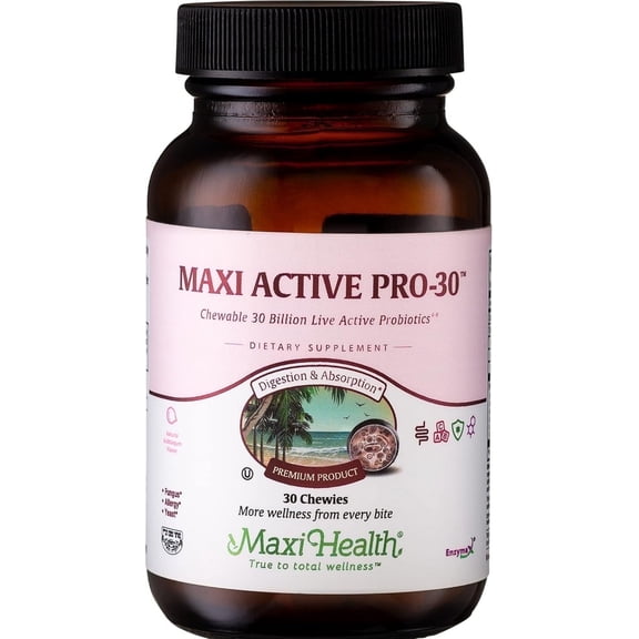 Maxi Health Active Pro-30  Kids Chewable Probiotic  30 Billion CFU  Bubble Gum Flavor  30 Tablets
