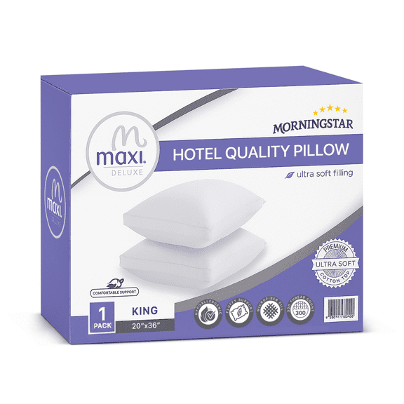 Maxi Deluxe King Size Bed Pillow – Ultra Soft & Comfortable – Versatile for Side, Back & Stomach Sleepers – 300TC Cotton Top – Single Pack – (King Size Pillow is 20 x 36)