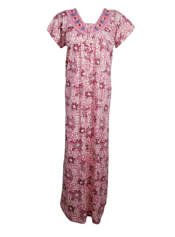 Maxi Caftan Dress, Muumuu, Pink Floral Printed Short M