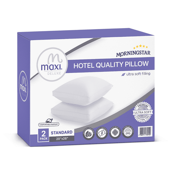 Maxi Deluxe Standard Size Bed Pillow – Ultra Soft & Comfortable – Versatile for Side, Back & Stomach Sleepers – 300TC Cotton Top – 2 Pack – (Standard Size Pillow is 20 x 26)