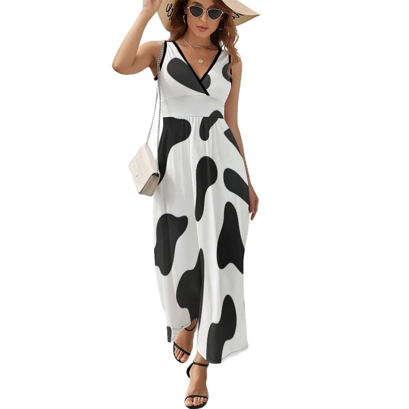 Maxi Dress Black White Cow Print Dress Trendy Pattern Spots Animal Street  Wear Stretch Woman Kawaii Beach Long Dresses Vestido - Walmart.com