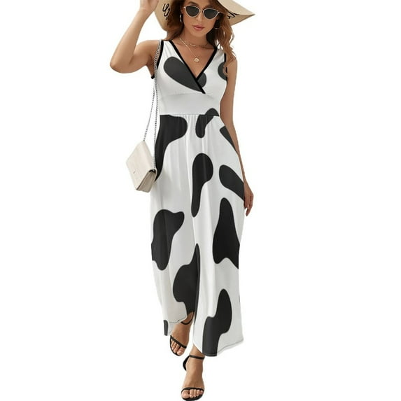 Maxi Dress Black White Cow Print Dress Trendy Pattern Spots Animal Street Wear Stretch Woman Kawaii Beach Long Dresses Vestido