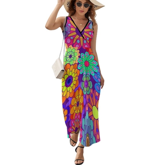 Maxi Dress Colorful Flower Power Dress Vintage Hippy Print Simple Bohemia Long Dresses Ladies Party Pattern Vestido Gift Idea