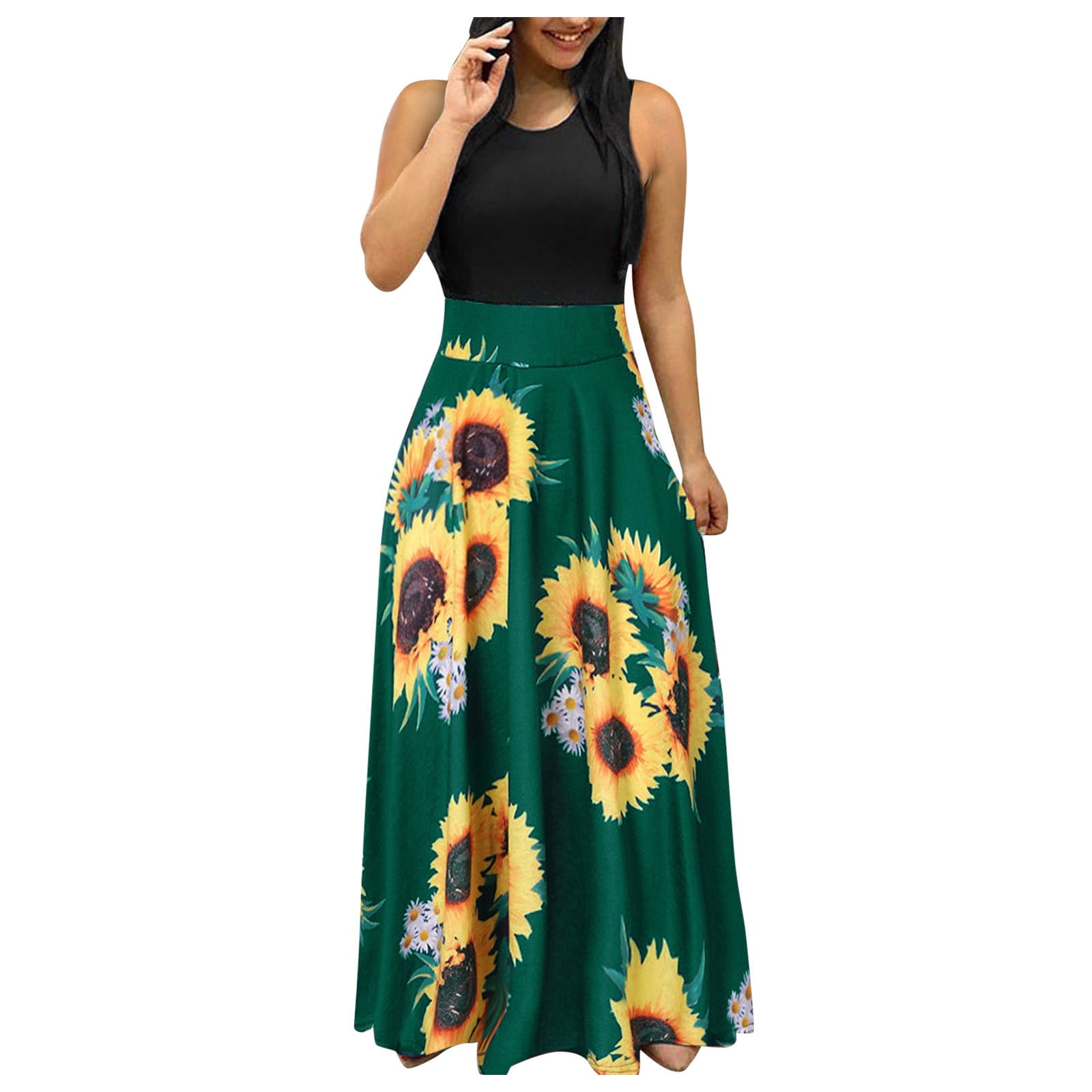 Maxi Dress Floral Summer Dress Print Women Swing Sleeveless Sundress ...