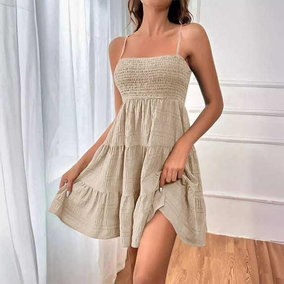 Maxi Dress For Women Women Dress Women's Solid Color Fold Sleeveless Suspender Dress Beige M