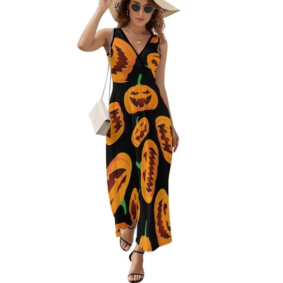 Maxi Dress Happy Haunts Print Dress Halloween Sexy V Neck Pattern Boho Beach Long Dresses Streetwear Big Size Vestido