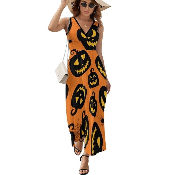 Maxi Dress Happy Haunts Print Dress Halloween Sexy V Neck Pattern Boho Beach Long Dresses Streetwear Big Size Vestido