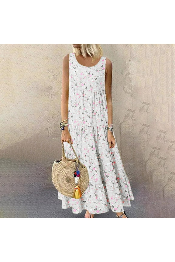 Maxi Dress Plus Size Women Dresses Casual Halter Dresses Sleeveless Dresses French Ethnic Dresses Floral Print Long Dresses High Waist Midi Beach Dresses O Neck Sundress
