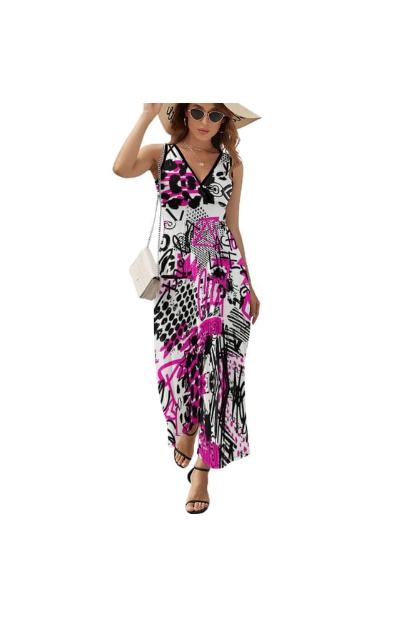Maxi Dress Shiny Graffiti Dress Colorful Print Sexy Casual Bohemia Long Dresses High Waist Graphic Oversize Vestidos