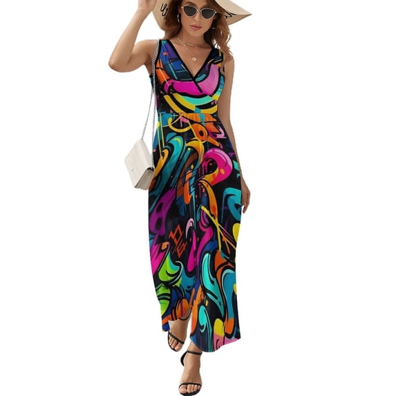 Maxi Dress Shiny Graffiti Dress Colorful Print Sexy Casual Bohemia Long Dresses High Waist Graphic Oversize Vestidos