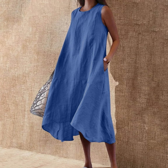 Maxi Dress Summer Womens Summer Dresses Summer Dresses For Women Print Sleeveless Round Neck Dress Casual Long Dresses Blue XL