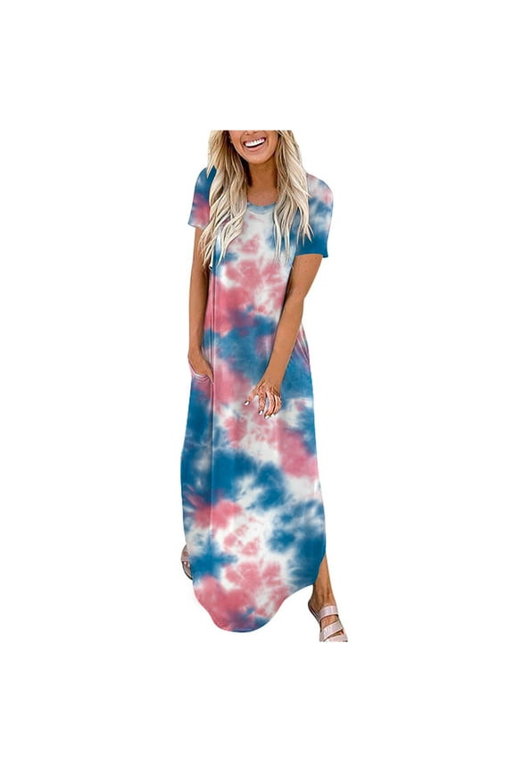 USSUMA Sun Dresses Women Summer Casual, Women's Casual Loose Sundress Long Dress Sleeveless Split Maxi Dresses Summer Tie-Dye Beach Vacation Dress