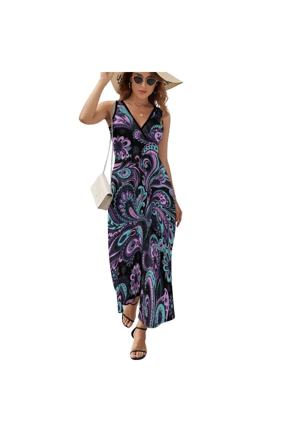 Maxi Dress Vintage Paisley Print Dress Woman Gold And Black Vintage V Neck Sleeveless Street Style Graphic Bohemia Long Dresses