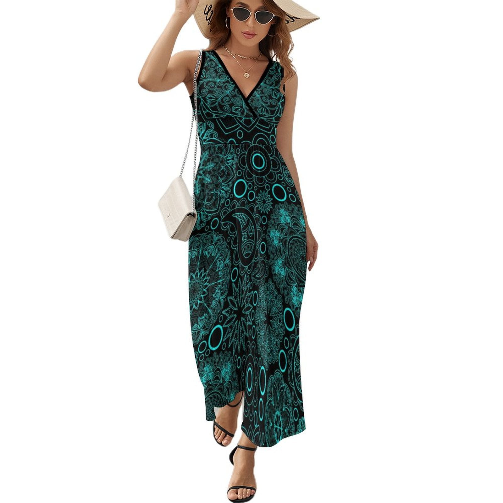 Maxi Dress Vintage Paisley Print Dress Woman Gold And Black Vintage V Neck Sleeveless Street Style Graphic Bohemia Long Dresses