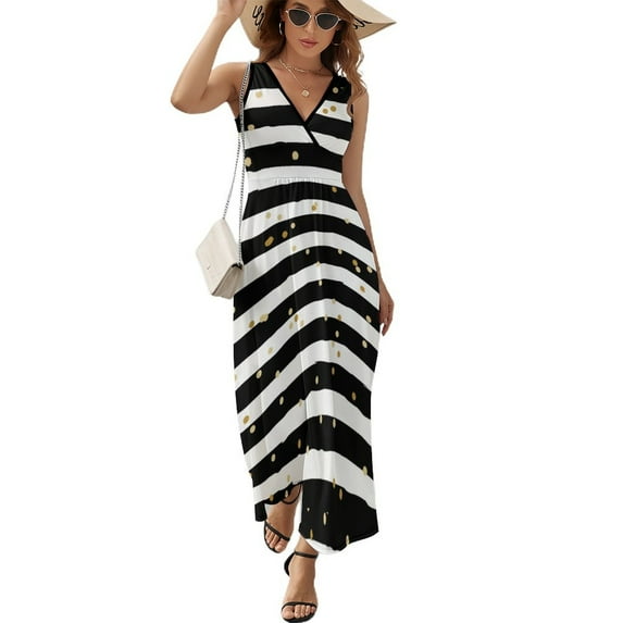 Maxi Dress Vintage Striped Polka Dot Dress Black And White Sexy Streetwear Bohemia Long Dresses High Waist Oversized Clothing