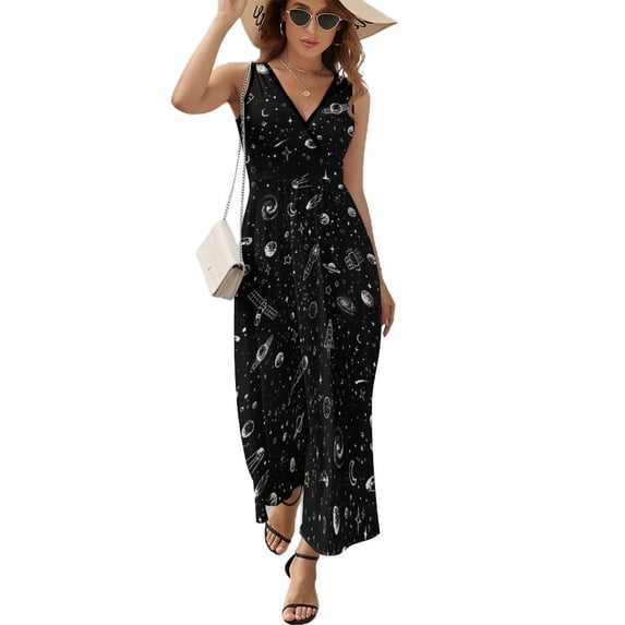 Maxi Dress Watercolor Starry Night Dress Woman Abstract Art Elegant V Neck High Waist Casual Design Bohemia Long Dresses