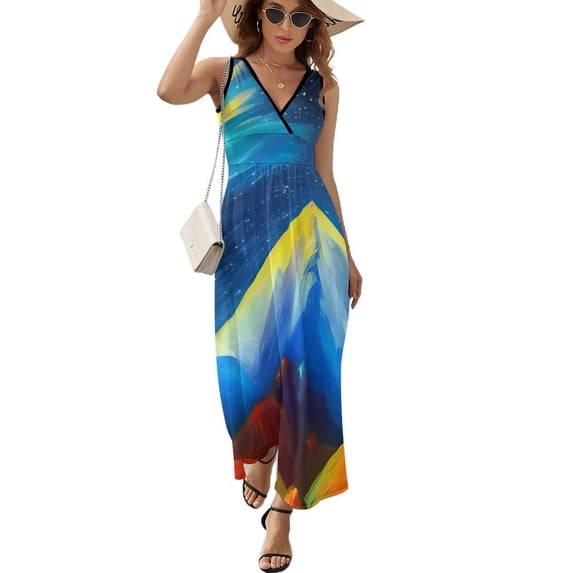 Maxi Dress Watercolor Starry Night Dress Woman Abstract Art Elegant V Neck High Waist Casual Design Bohemia Long Dresses