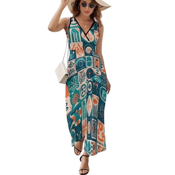 Maxi Dress White And Black Ethnic Dress Female Vintage Print Vintage V Neck Sleeveless Aesthetic Printed Bohemia Long Dresses