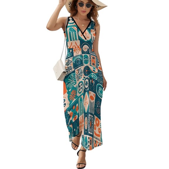 Maxi Dress White And Black Ethnic Dress Female Vintage Print Vintage V Neck Sleeveless Aesthetic Printed Bohemia Long Dresses