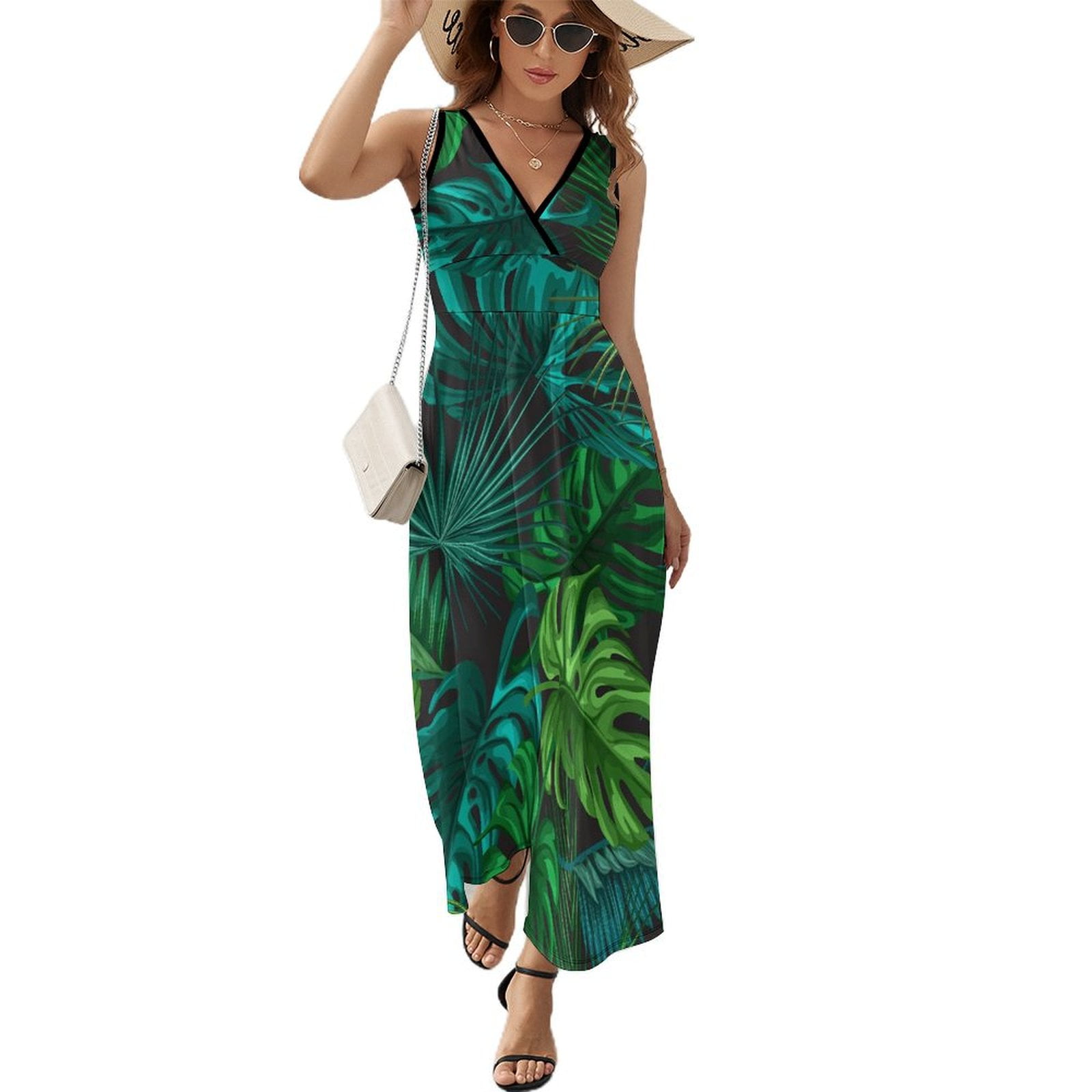 Maxi Dress White Leaf Dress Plant Print Modern V Neck Custom Bohemia Long  Dresses Aesthetic Oversized Vestidos - Walmart.com