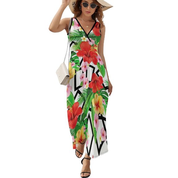 Maxi Dress White Lily Floral Dress Flowers Print Kawaii V Neck Design Boho Beach Long Dresses Aesthetic Big Size Clothing