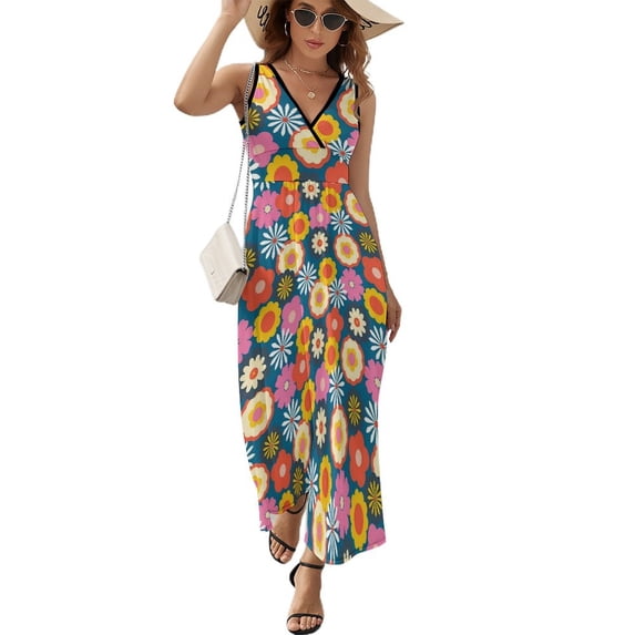 Maxi Dress White Retro Flower Dress Daisies Floral Party V Neck Design Boho Beach Long Dresses Street Fashion Oversized Vestido