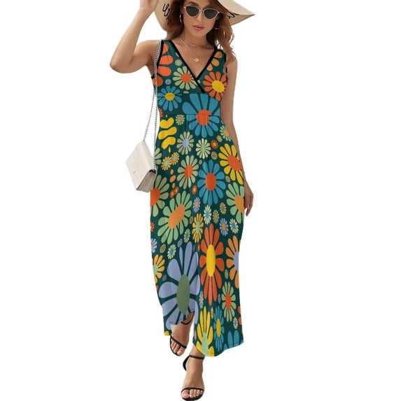 Maxi Dress White Retro Flower Dress Daisies Floral Party V Neck Design Boho Beach Long Dresses Street Fashion Oversized Vestido