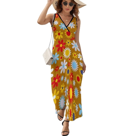 Maxi Dress White Retro Flower Dress Daisies Floral Party V Neck Design Boho Beach Long Dresses Street Fashion Oversized Vestido
