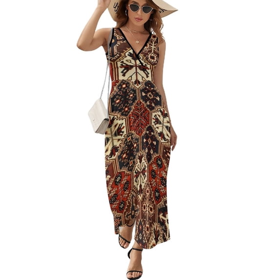 Maxi Dress White Vintage Ethnic Dress Female Geometric Kawaii V Neck High Waist Streetwear Printed Boho Beach Long Dresses