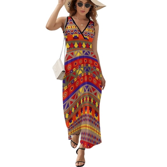 Maxi Dress White Vintage Ethnic Dress Female Geometric Kawaii V Neck High Waist Streetwear Printed Boho Beach Long Dresses