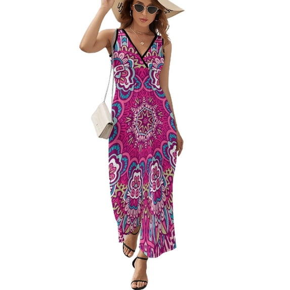 Maxi Dress White Vintage Ethnic Dress Female Geometric Kawaii V Neck High Waist Streetwear Printed Boho Beach Long Dresses