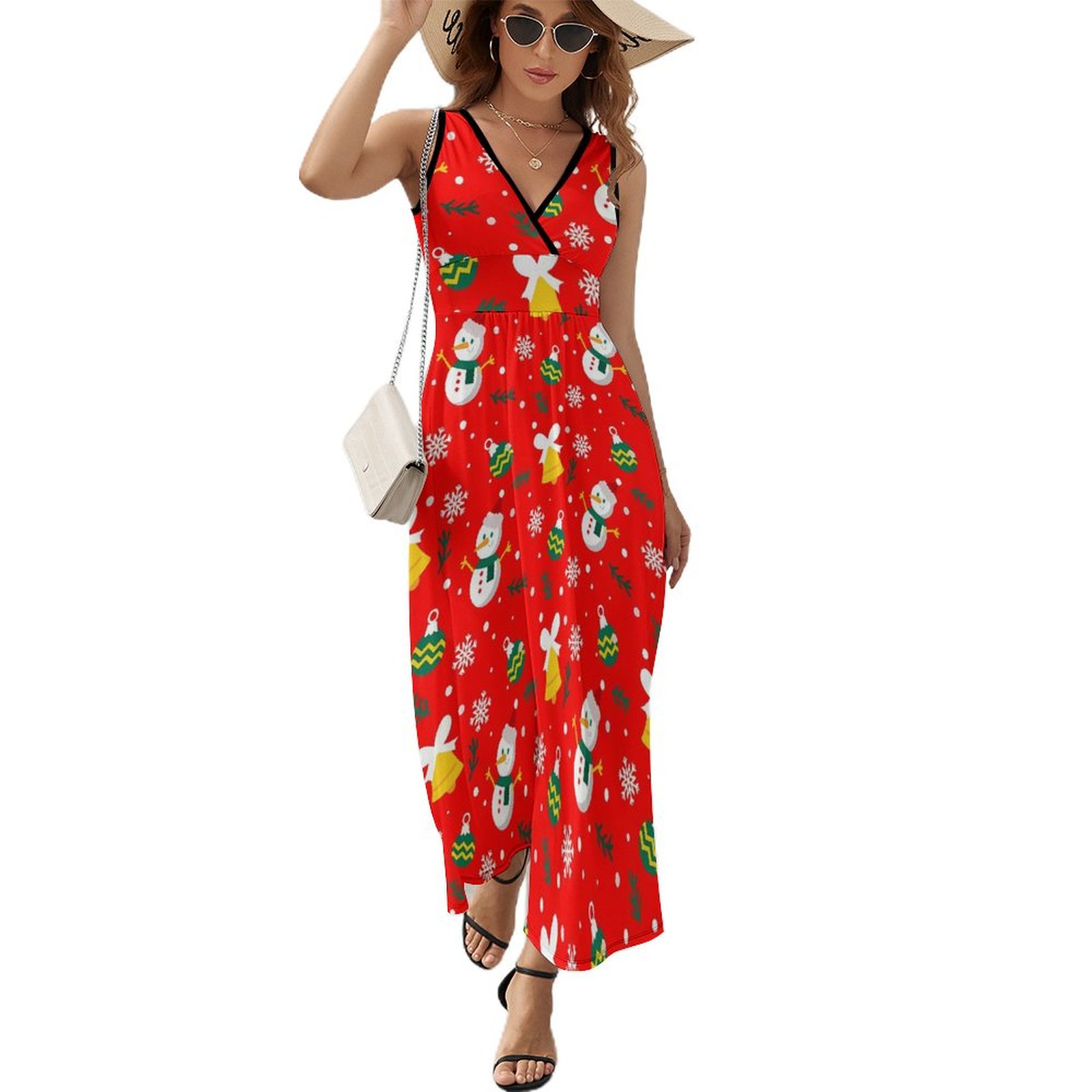 Maxi Dress Winter Christmas Tree Dress Green and Gold Kawaii Casual — free download