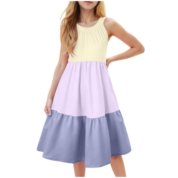 Maxi Dress With Sleeves Girl's Dresses Color Block Ruffle Sleeve Tiered Swing A-Line Cute Midi Casual Sundress Girls Dresses Size 10-12 Blue