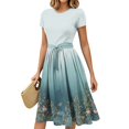 thumbnail image 1 of Maxi Dress For Women, 2025 Summer Casual Dress Floral Belted Short Sleeve Round Neck Cocktail Beach Sundress Lightweight Wedding Guest Party Daily Wear Elegant Midi Dress (L, Sky Blue) ZMTing, 1 of 3