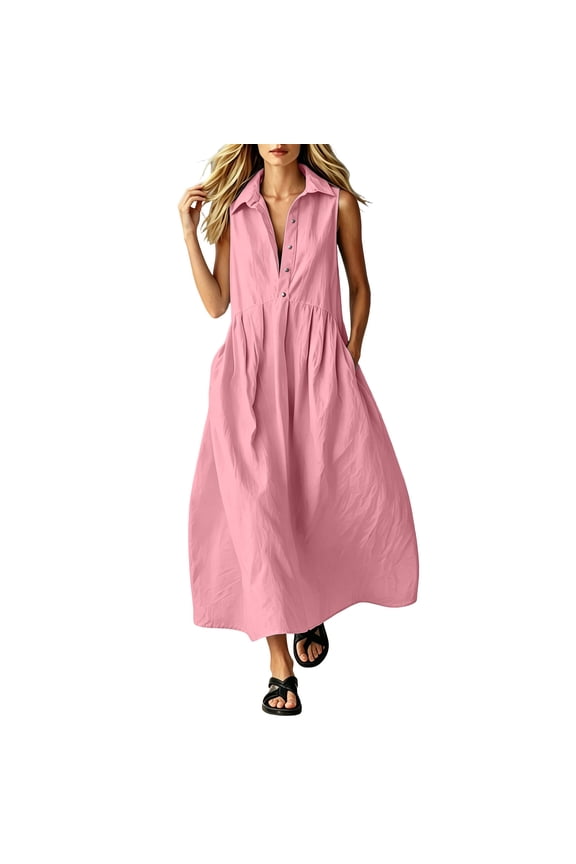 Maxi Dress For Women Sleeveless Collared Long Casual Dress with Pockets for Resort Travel Weekend Brunch Errands Relaxed Daytime Vacation Style Summer