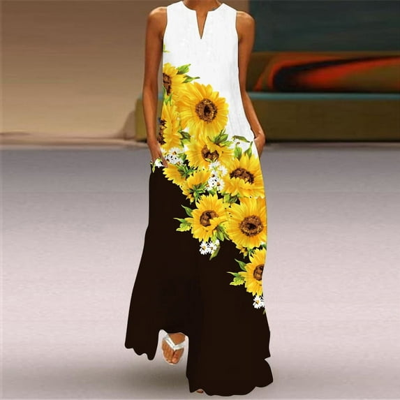 Maxi Dress Women Summer Beach 3D Flower Printed Sleeveless Elegant Long Dress V Neck Casual Plus Size Vestidos Dresses