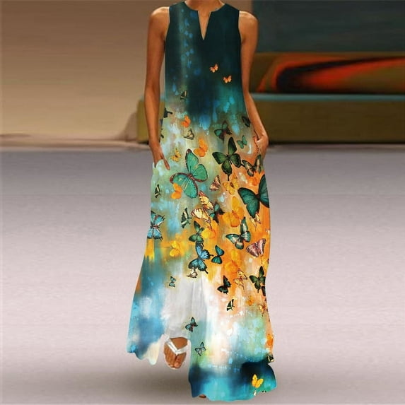 Maxi Dress Women Summer Beach 3D Flower Printed Sleeveless Elegant Long Dress V Neck Casual Plus Size Vestidos Dresses