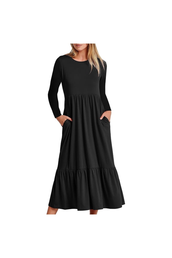 Maxi Dress for Women Womens Autumn And Winter Solid Color Long Sleeve Round-neck Smocked Boho Dress A-Line Ruffle Frill Tiered Swing Midi Dress Polka Dot Tank dress Midi Dress Short Dress