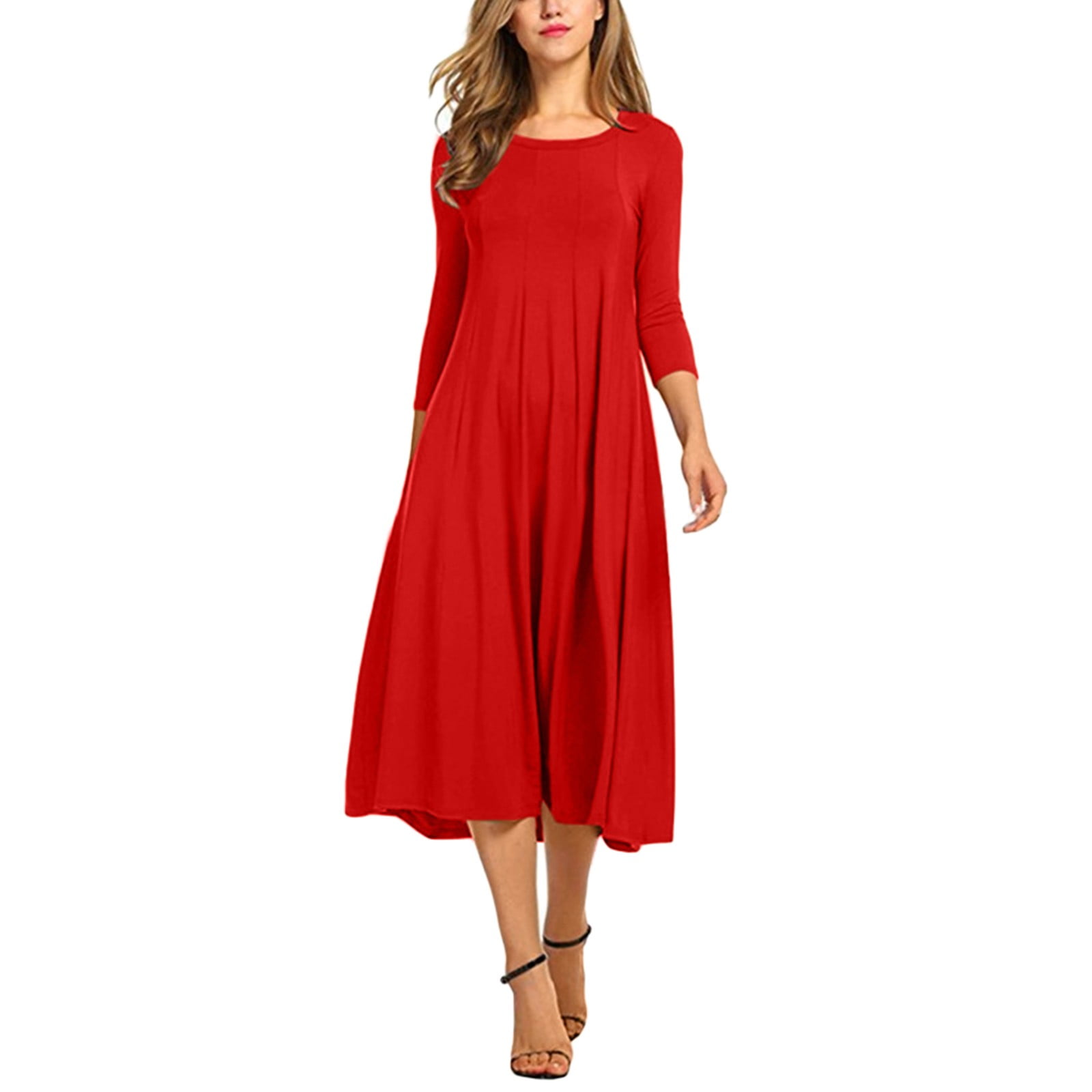 Maxi Dress Women's Casual Solid Dress Round Neck Long Sleeve Mid-Calf ...