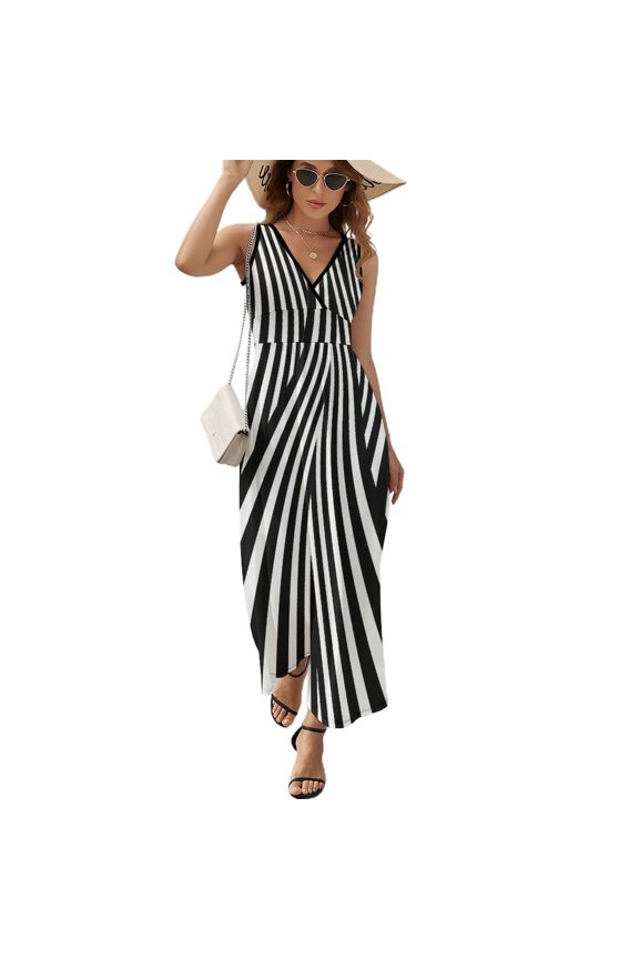 Maxi Dress Yellow Red Black Striped Dress Female Abstract Art Trendy V Neck High Waist Korean Fashion Boho Beach Long Dresses