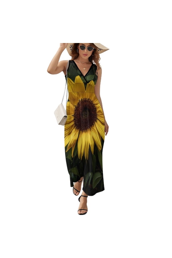 Maxi Dress Yellow Sunflower Print Dress Green Leaves Sexy V Neck Custom Boho Beach Long Dresses Korean Fashion Big Size Vestido