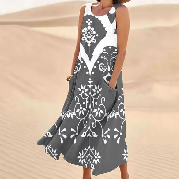 Maxi Dress for Women Casual Summer Long Dress Beach Cover-Ups Sun Dresses Women Sleeveless T Shirt Tank Dresses with Pockets Gray XXL