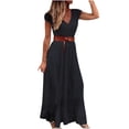 thumbnail image 1 of Maxi Dress for Women Floral Lace Panel Short Sleeve V-Neck Bohemian Long Dress Pleated Flowy Beach Dress with Belt, 1 of 7