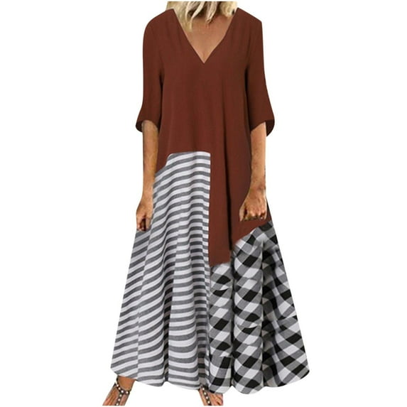 Maxi Dress for Women Half Sleeve V-Neck Trendy Printing Long Dress Summer Casual Loose Pleated Flowy T Shirts Dress