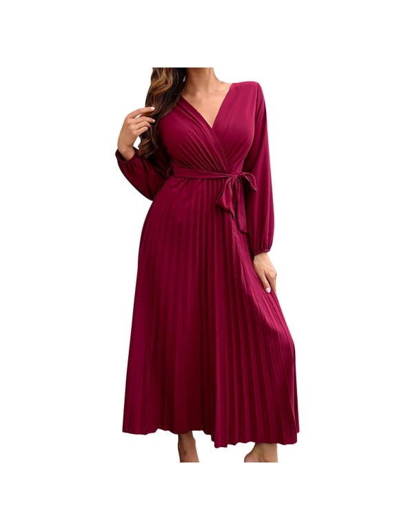 Maxi Dress for Women Long Sleeve Classy Tie Wrap Dress V Neck Pleated Long Skirt Loose Party Spring Summer Dress