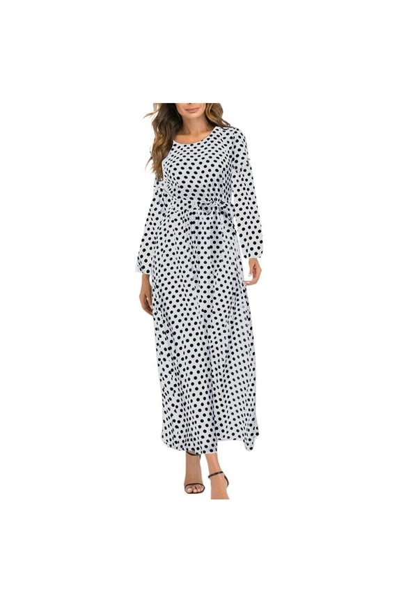 Maxi Dress for Women Long Sleeve Crewneck Polka Dots Printed Long Maxi Dress Bowknot Belted Casual Loose Swing Dress